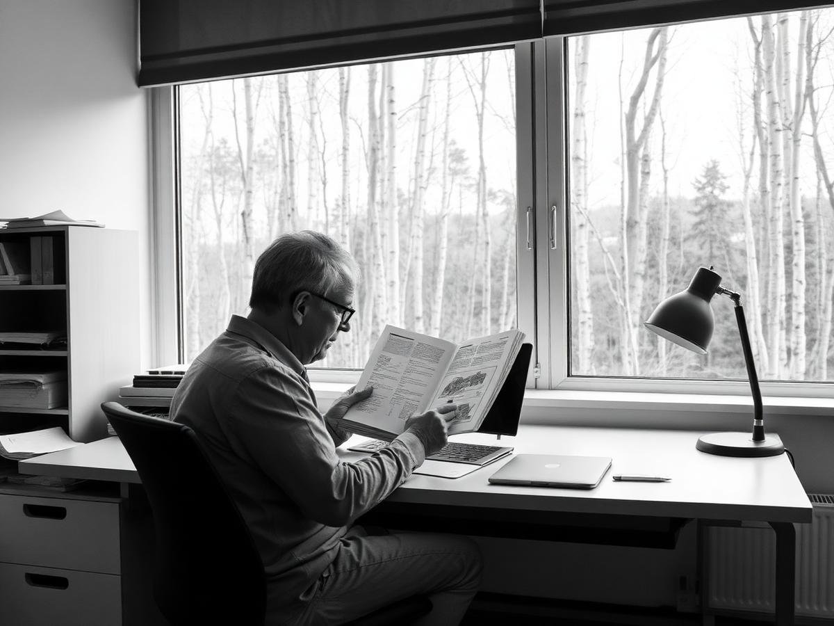 Traduttore tecnico finlandese che controlla pagine di un manuale di macchinari in un ufficio a Helsinki