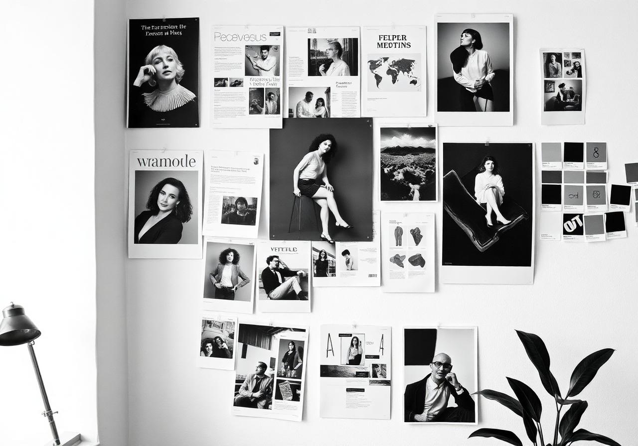 Creative marketing mood board with editorial layouts and color swatches