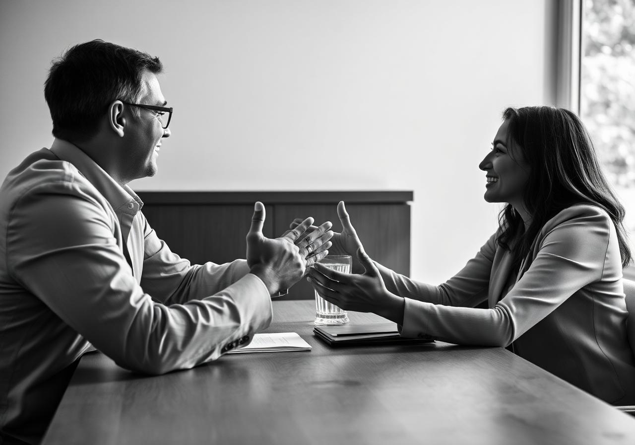 Two professionals talking face-to-face — human translation voice