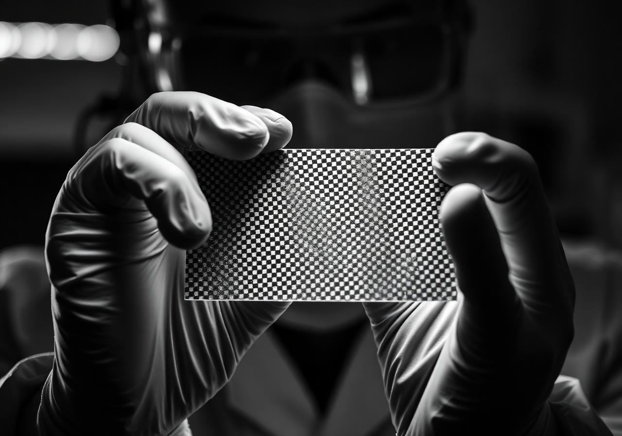 Scientist inspecting a carbon fiber composite sample in a lab