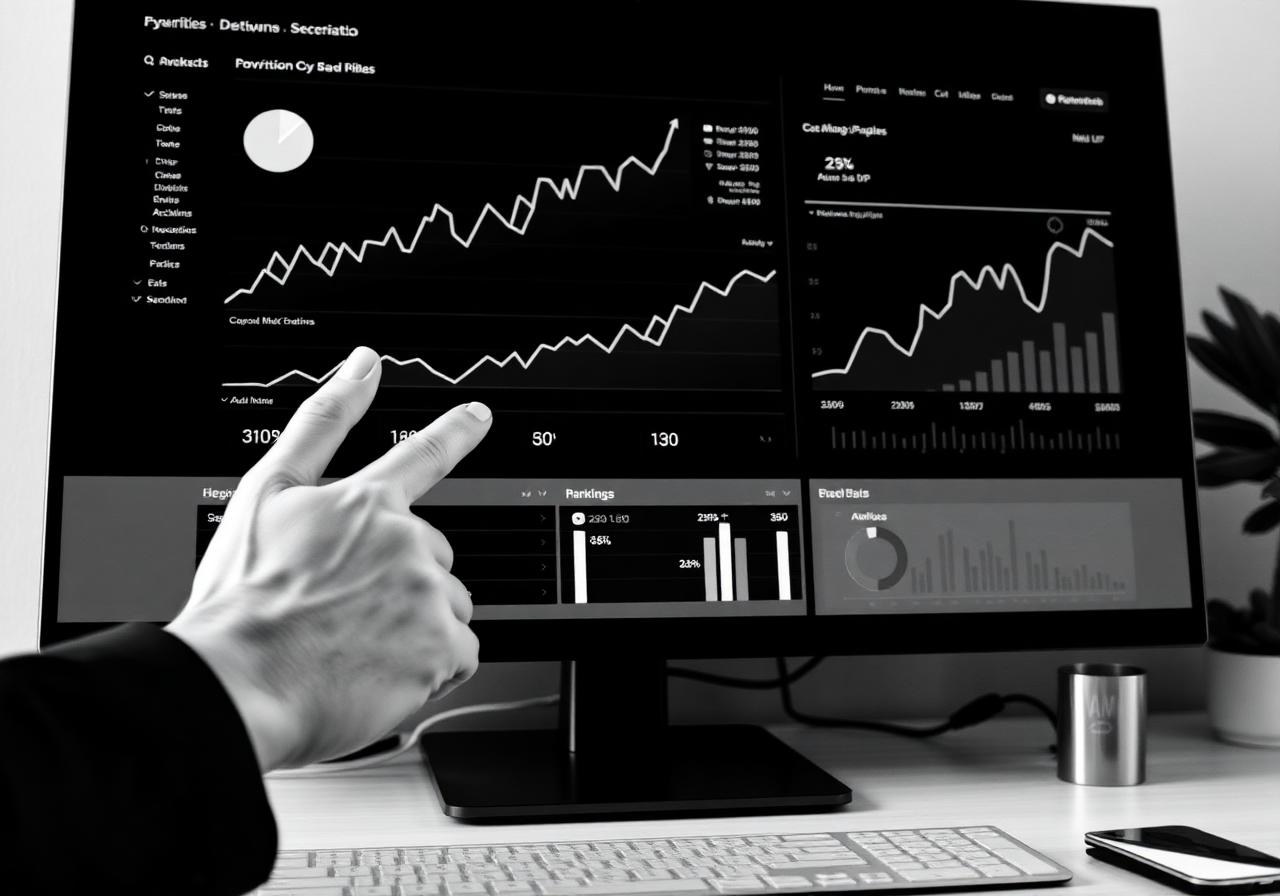SEO analytics dashboard with rising keyword ranking graphs