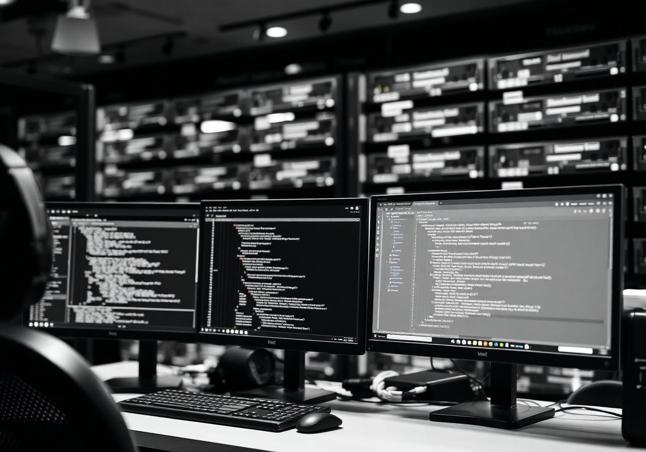 Developer workstation with multiple monitors showing code editor